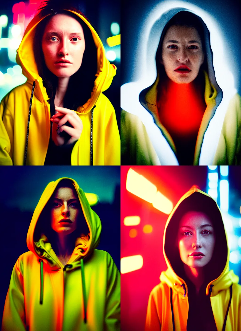 Image similar to A hyper realistic and detailed head portrait photography of a woman wearing a futuristic yellow raincoat with hoodie by annie leibovitz. Neo noir style. Cinematic. Swirly bokeh. Red neon lights and glow in the background. Cinestill 800T film. Lens flare.