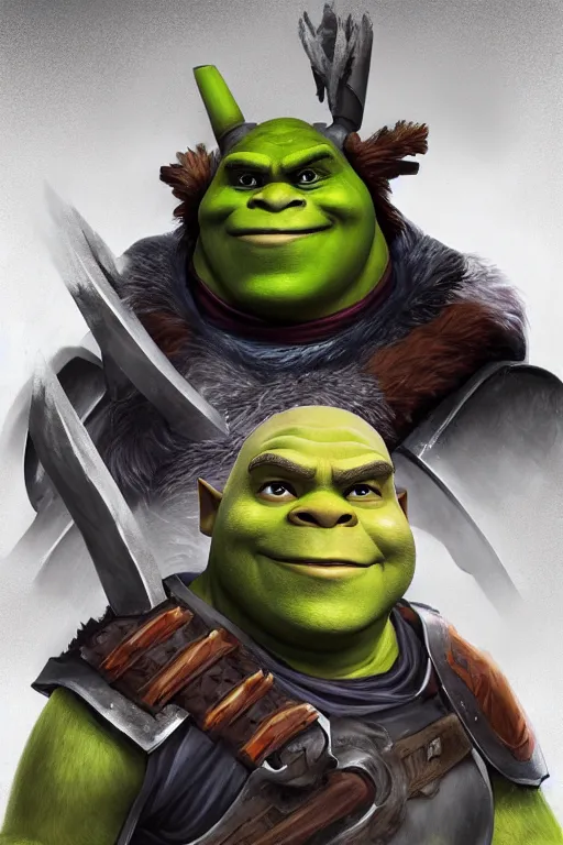 Prompt: A realistic anime portrait of Shrek, warrior, D&D, dual Axe wielding, full body plated armor, dungeons and dragons, tabletop role playing game, rpg, jrpg, digital painting, by Stanley Artgerm Lau, Frank frazzeta, WLOP and Rossdraws, digtial painting, trending on ArtStation, SFW version