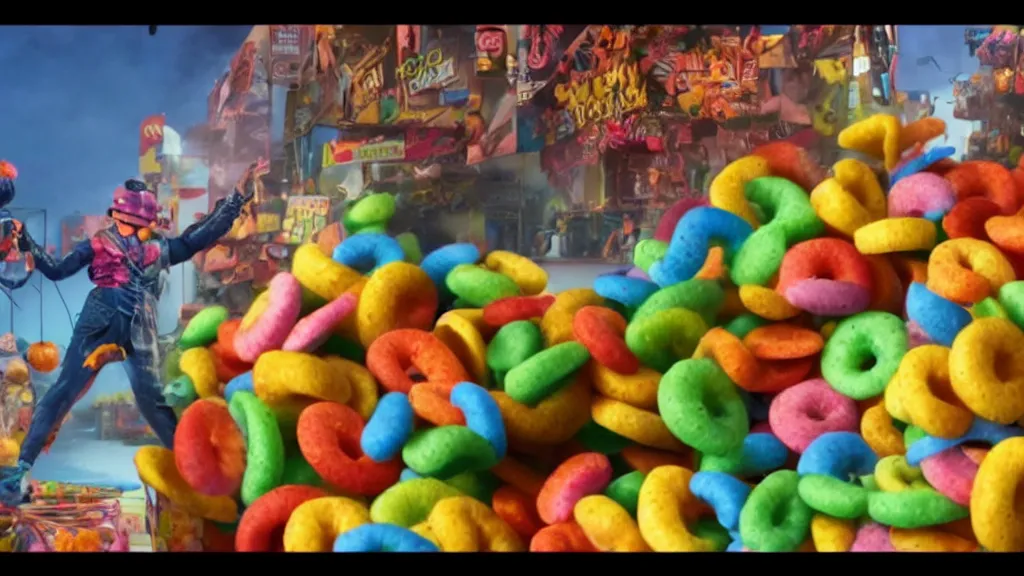 Prompt: film still of the Fruit Loops surreal action movie. amazing cgi