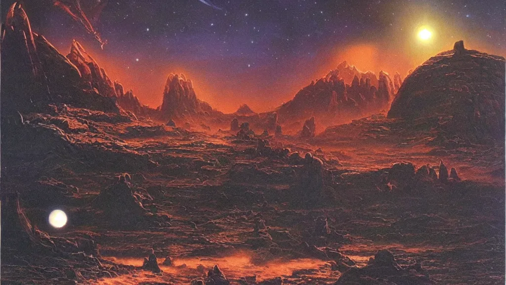 Image similar to eerie atmospheric alien planet empire by angus mckie and bob eggleton and chris moore, epic cinematic matte painting