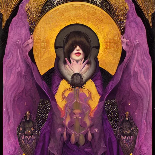 Prompt: middle aged man, in dark purple robes, occult , Tom bagshaw, sam spratt, Mayfield parish, Gustav Klimt, intricate, dark colors, art nouveau