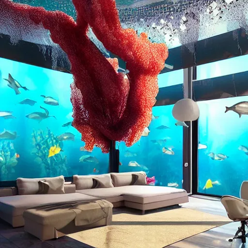 Image similar to the realistic photo of the modern room as aquarium with a chandelier as a big jellyfish, beautiful corals on the walls and sharks in the big panoramic window, under the ocean, realistic colors, realistic shadows, daylight made in blender, hd, 3 d by beeple and damian hirst and greg rutkowski