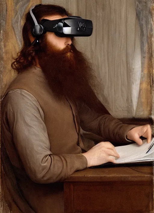 Image similar to Pre-Raphaelite portrait of a young beautiful brown-haired bearded male sitting in office wearing vr-headset