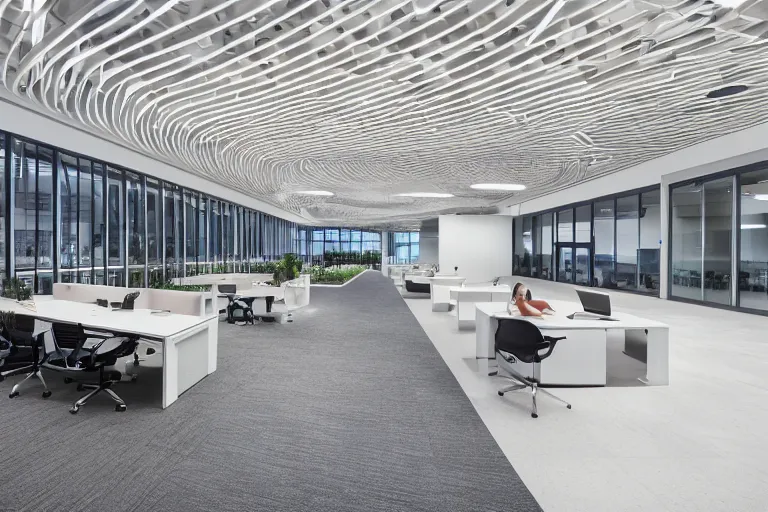 Prompt: professional quality photography of a beautiful tech company headquarters designed by gensler