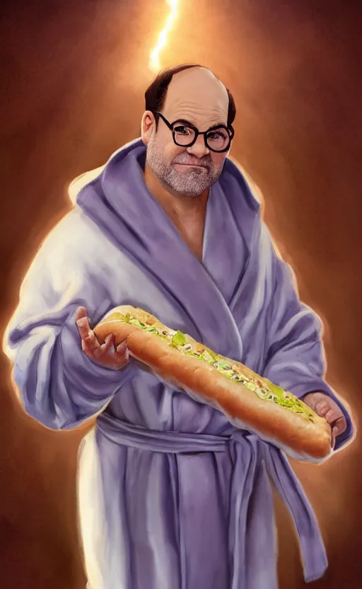 Image similar to george costanza holding a hoagie. he's wearing a flowing bathrobe made of light, airy fabric and he has a mischievous look on his face, dynamic lighting, photorealistic fantasy concept art, trending on art station, stunning visuals, creative, cinematic, ultra detailed