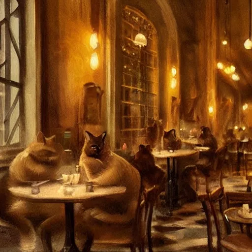 Image similar to brown cat with yellow eyes is sitting at table in a cafe at paris in early 2 0 th century. atmospheric feeling, warm colours, brown colours, yellow colours, epic scene, cinematic, very detailed, concept art, trending on artstation