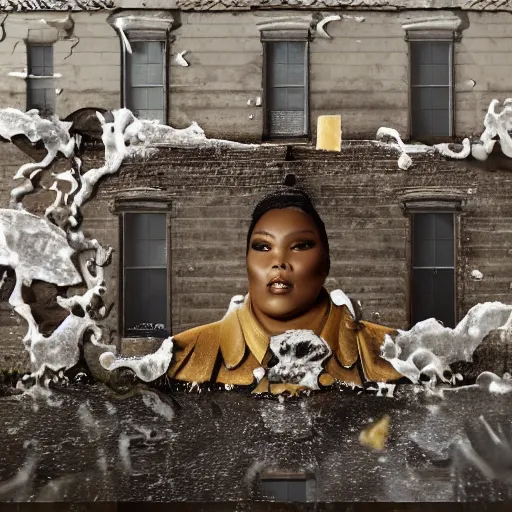 Image similar to house covered in melted cheese getting eaten by lizzo, 8 k, 4 k uhd, realistic, super detailed, very detailed, detailed