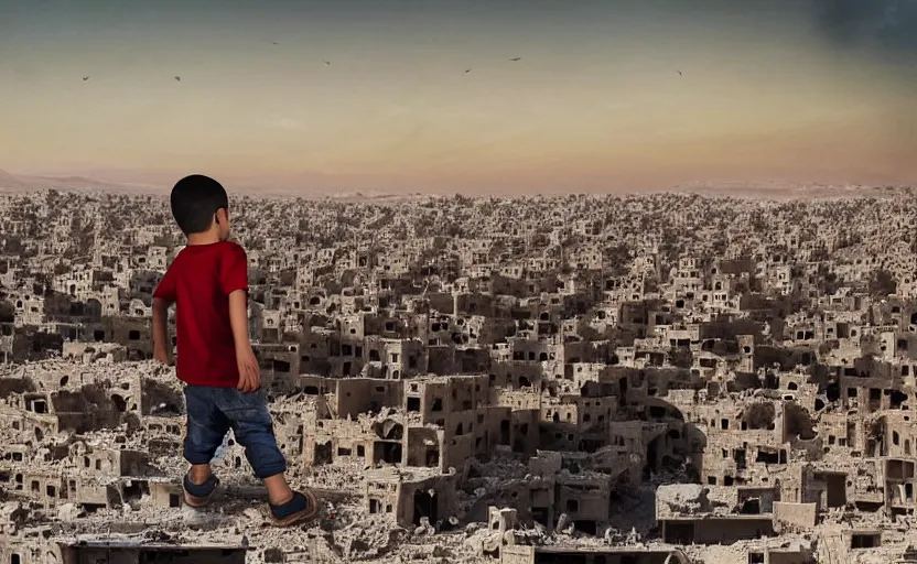 Image similar to “little boy figure lost (in the middle of the scene), epic view of Hummus in Syria in destruction, evening time clear sky, sad atmosphere, ruins, heartbreaking landscape, hyperdetailed, hyperrealism, trending on artstation, award winning photograph, photograph taken by Margaret Bourke-White, photorealistic, 8k, concept art, cinematographic, uhd, epic lighting”