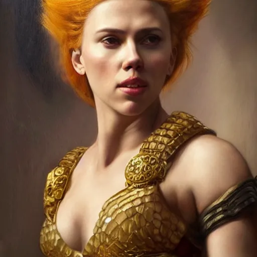 Image similar to the portrait of scarlett johansson as amazon in intricate dress by roberto ferri, fantasy, witcher, very detailed oil painting, masterpiece, 8 k