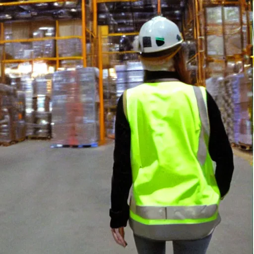 Image similar to photo, close up, emma watson in a hi vis vest, in warehouse, disposable camera,