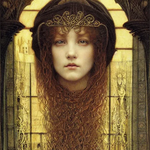 Image similar to detailed realistic beautiful young medieval queen face portrait by jean delville, gustave dore and marco mazzoni, art nouveau, symbolist, visionary, gothic, pre - raphaelite