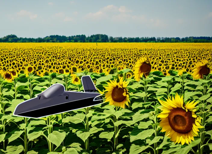 Prompt: Propaganda Poster of an American Military UAV in a sunflower field.