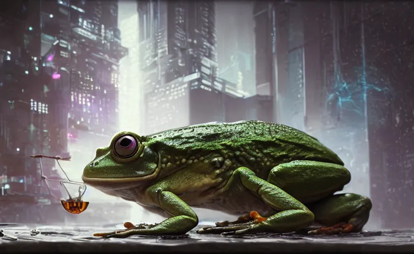 Prompt: highly detailed portrait of an evil cyberpunk frog making a poisonous drink, in vr, stephen bliss, unreal engine, fantasy art by greg rutkowski, global illumination, radiant light, detailed and intricate environment