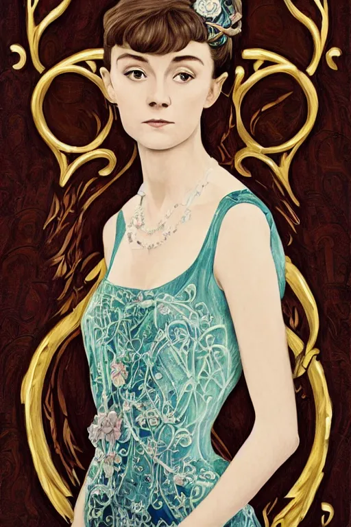 Image similar to a full body art nouveau portrait of a 16-year old girl who resembles Audrey Hepburn and Saoirse Ronan with a worried, intense gaze and slightly opened mouth, wearing sheer silks and ornate intricate iridescent mother-of-pearl jewelry, intricate, elegant, highly detailed, digital painting, artstation, concept art, smooth, sharp focus, illustration, art by John William Waterhouse and Bouguereau and Donato Giancola and alphonse mucha