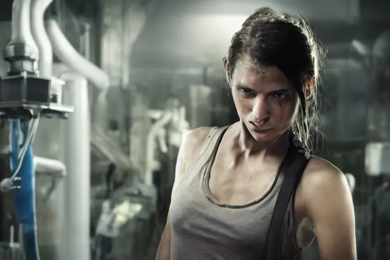 Image similar to promotional image from a dystopian sci - fi movie, a young woman wearing a dirty tank top, in a dark dystopian lab, muted colors, very dark, medical equipment, 8 k, cinematic, dramatic lighting, very detailed face, movie still frame, promotional image, imax 7 0 mm footage