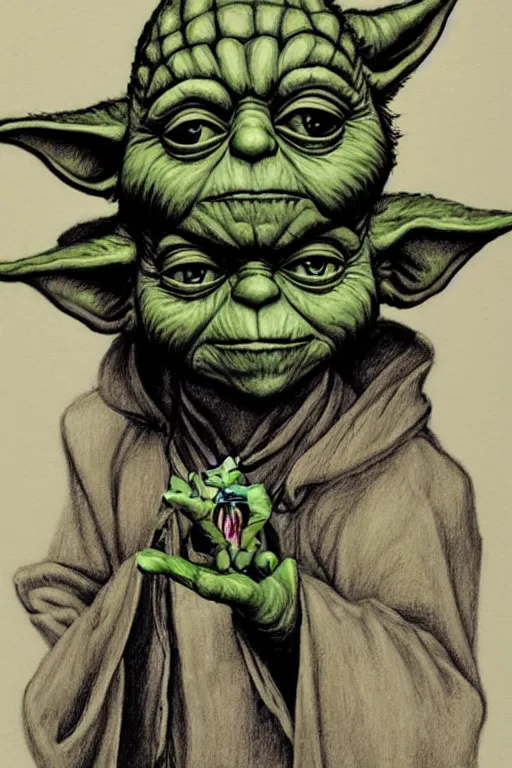 Prompt: a beautiful hand drawing of Yoda on a bad drug trip by Gerald Brom