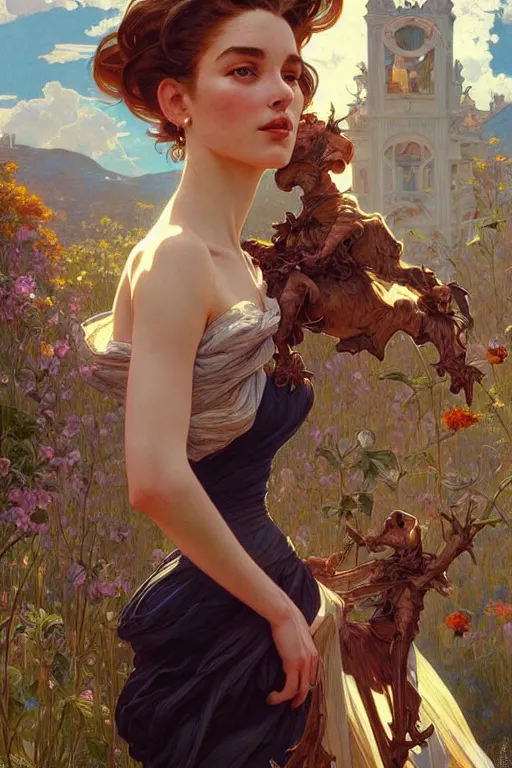Image similar to clear portrait of a vogue photoshoot, cottagecore!!, background hyper detailed, character concept, full body, dynamic pose, intricate, elegant, highly detailed, digital painting, artstation, concept art, smooth, sharp focus, illustration, art by artgerm and greg rutkowski and alphonse mucha