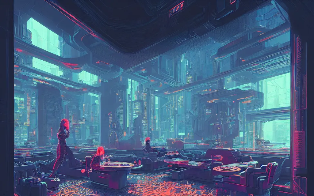 Image similar to futuristic cyberpunk lounge, interior architecture view, beautiful detailed pixelart by albertov, intricate details, beautiful, dithered gradients, volumetric lighting, cgsociety, artstation, smooth, sharp focus, 2 d illustration, by greg rutkowski, amazing art by dan mumford