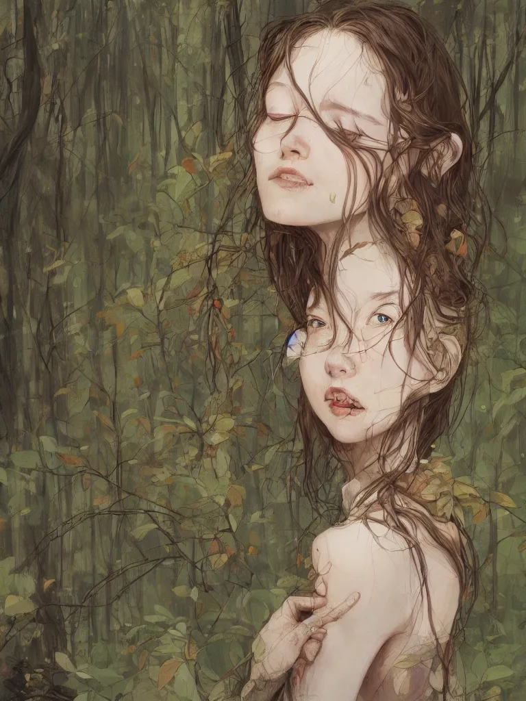 Image similar to artist james jean and sam spratt beautiful illustration of a natural women in a forest, high detail, artstation, natural colors, closed eyes, smile,