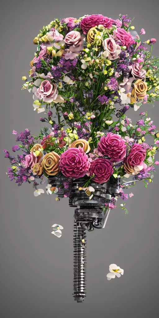 Image similar to a lovely mechanical bouquet of flowers, highly detailed, octane render, cinematic