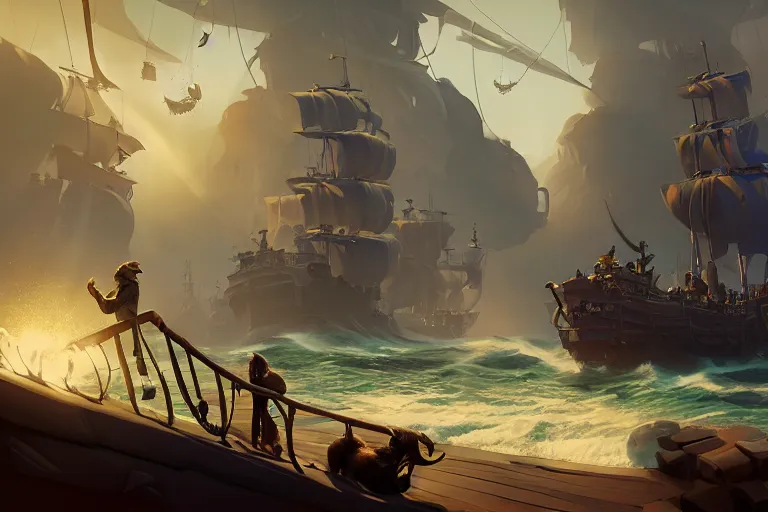 Image similar to parrot and cat sit on deck of ship sea of thieves, fantasy, digital painting, volumetric light, intricate, sharp, focus, bloom, illustration, highly detailed, concept art, matte, ruan jia, randy vargas, greg rutkowski