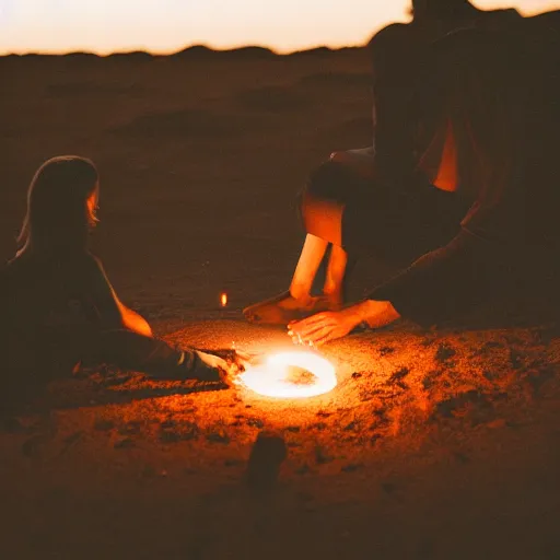 Image similar to photograph of people bonding around a firecircle, kismet, shot from behind, no faces visible, bokeh, atmospheric, desert