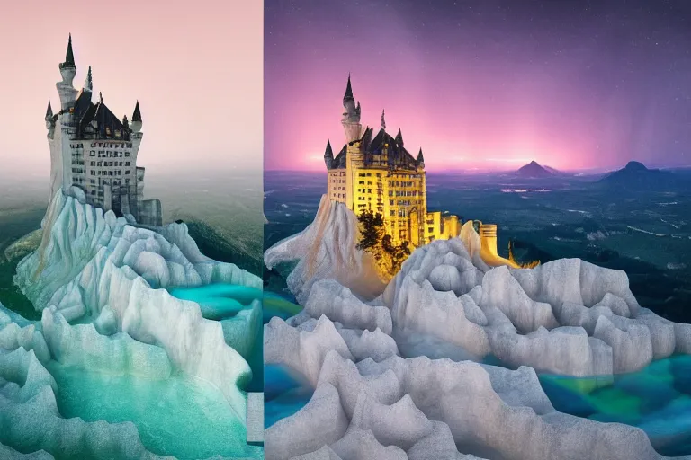 Image similar to neuschwanstein castle on pamukkale thermal waters flowing down gold travertine terraces in royal blue antelope canyon during sakura season on an interstellar aurora borealis with heavy thunder and lightning, pink waterfalls, rainbow, by peter mohrbacher, james jean, james gilleard, greg rutkowski, vincent di fate, rule of thirds, octane render, beautiful landscape, masterpiece