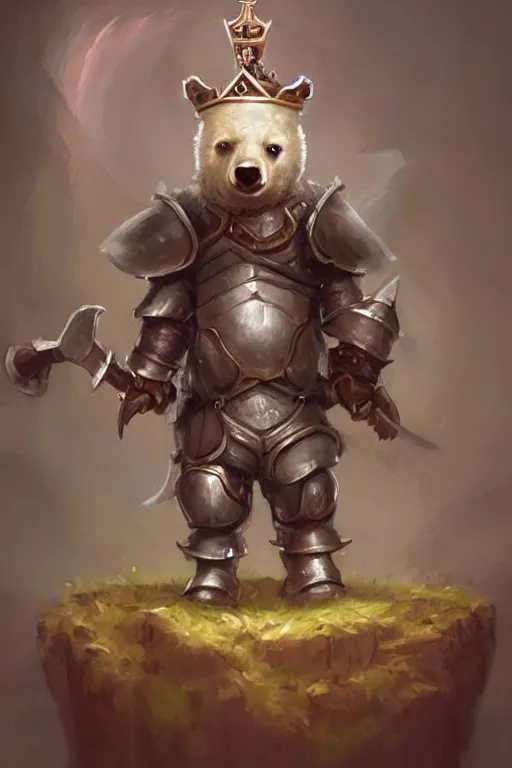 Image similar to cute little anthropomorphic bear knight wearing a cape and a crown, tiny, small, miniature bear, baby animal, short, pale blue armor, cute and adorable, pretty, beautiful, DnD character art portrait, matte fantasy painting, DeviantArt Artstation, by Jason Felix by Steve Argyle by Tyler Jacobson by Peter Mohrbacher, cinematic lighting