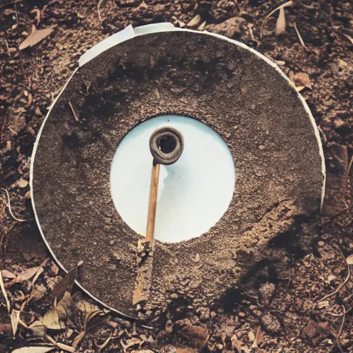 Image similar to a vinyl disc on a hole in the ground, with a shovel next to it, polaroid shot