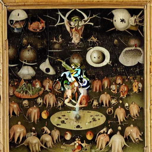 Image similar to a frog dunking over demons boiling a sinner in the garden of earthly delights, hieronymus bosch