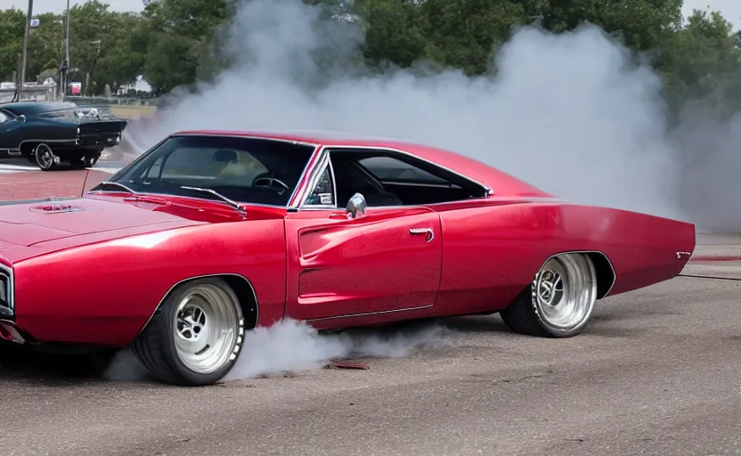 Prompt: a 1 9 6 8 dodge charger r / t drifting, explosion in the background