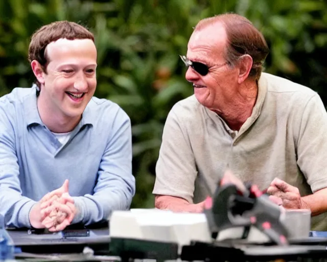 Image similar to mark zuckerberg and jack nicholson play termiantor, scene where their endoskelet gets exposet