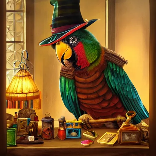 Image similar to Anthropomorphized parrot trader in his shop, medium shot, full body, items, weapons, magic potions, trinkets, carpet, lamps, window, fancy hat, sly expression, cunning expression, cute expression, long thick shiny black beak, D&D, fantasy, cinematic lighting, highly detailed, digital painting, artstation, concept art, smooth, sharp focus, illustration, warm light, cozy warm tint, magic the gathering artwork, volumetric lighting, 8k, art by Greg Rutkowski