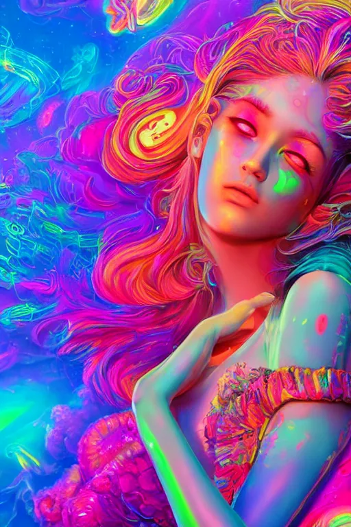 Image similar to a beautiful girl engulfed in colorful neon liquid clouds and neon smoke, a colorful psychedelic experience, psilocybin, dmt, lsd, face, highly detailed, artstation, concept art,, sharp focus, digital art by hana yata, and artem demura and beeple, lisa frank, octane render, unreal engine, 8 k