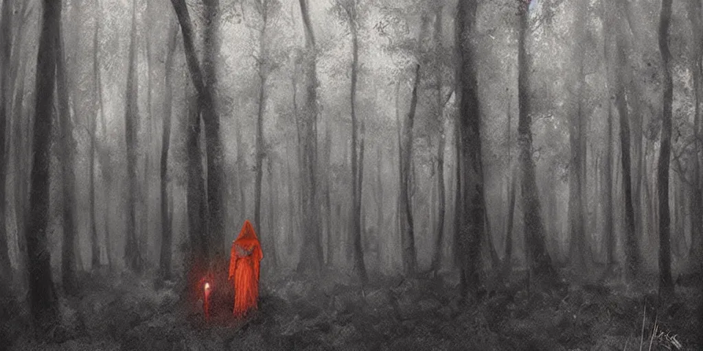 Image similar to a girl with a blue hood find a strange huge creature in the woods, ominous atmosphere, dark environment, one source of orange light. art by artem demura