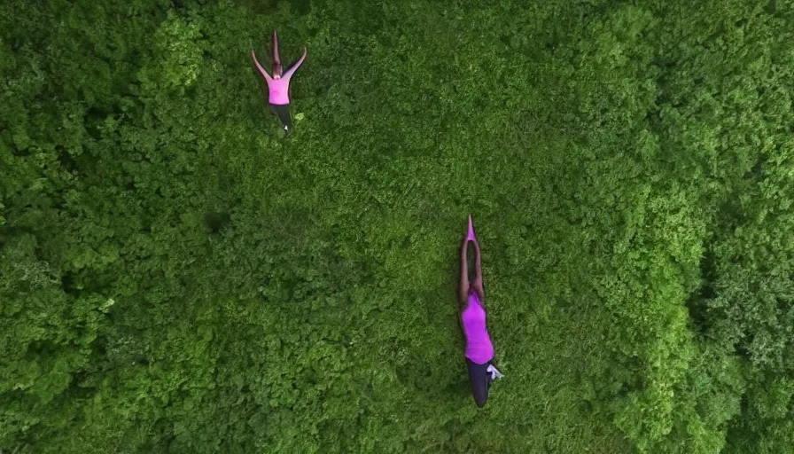 Image similar to lebron james doing yoga in the forest, cnn news footage taken from above.