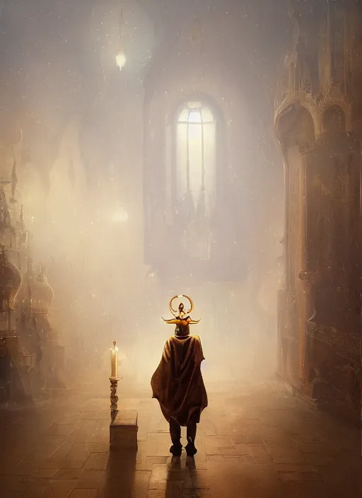 Image similar to surrealistic portrait of anthropomorphic caracal in golden priest clothes wearing vr in orthodox church, bokeh, foggy, dynamic lighting, darkness, ambients, dramatic, foggy, heavy bokeh and blur, cinematic, depth of field, art by bussiere rutkowski andreas rocha