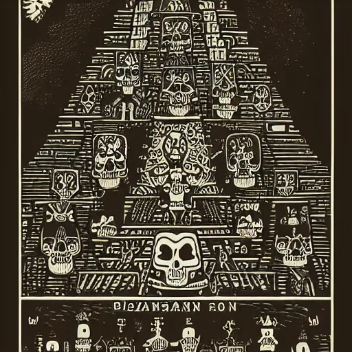 Image similar to precisely drawn illustration of a Mayan ziggurat decorated with skulls, old-fashioned tarot card, victorian playing card, sepia tone, wide angle, sharp, fine details, anime, manga, French comic style, cyberpunk, intense line art, 8k, precise linework, realistic, shaded lighting by katsuhiro otomo ghost-in-the-shell, magali villeneuve, artgerm, rutkowski Jeremy Lipkin and Giuseppe Dangelico Pino and Michael Garmash and Rob Rey and Moebius