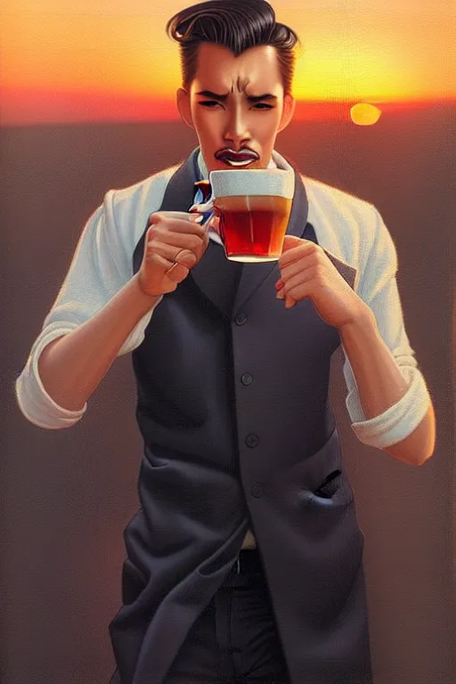 Image similar to attractive man drinking tea, sunset, painting by ross tran, j. c. leyendecker, tom of finland, trending on artstation