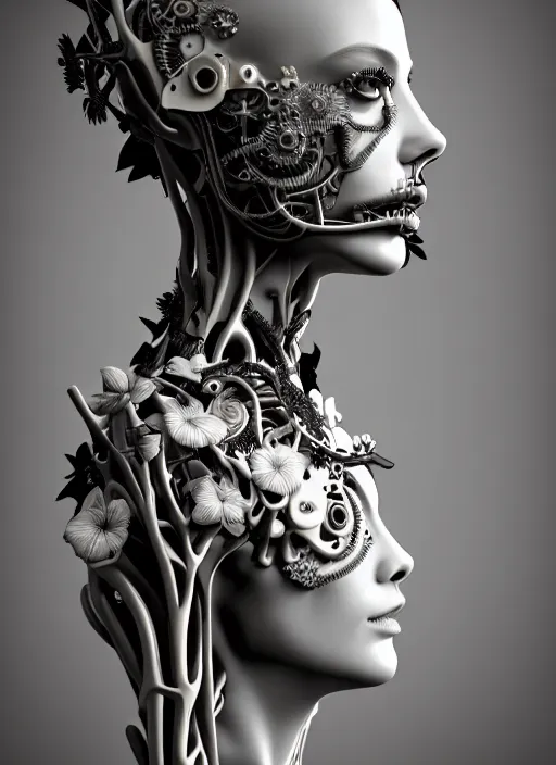 Image similar to monochrome 3 d model, biomechanical beautiful young female cyborg with porcelain profile face and a big floral eye, volumetric light, leaves foliage and stems, hibiscus flowers, boho floral vines, sinuous fine roots, fine foliage lace, alexander mcqueen, rim light, big gothic fashion pearl embroidered collar, steampunk, octane render, 8 k