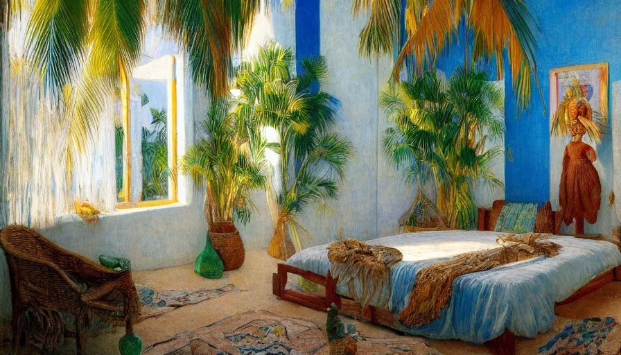 Prompt: a brazilian nordeste bedroom designed by jules bastien - lepage, tarsila do amaral, frank weston and gustave baumann, beach, trending on artstation, mediterranean, palm trees, sharp focus, colorful refracted sparkles and lines, soft light, 8 k 4 k