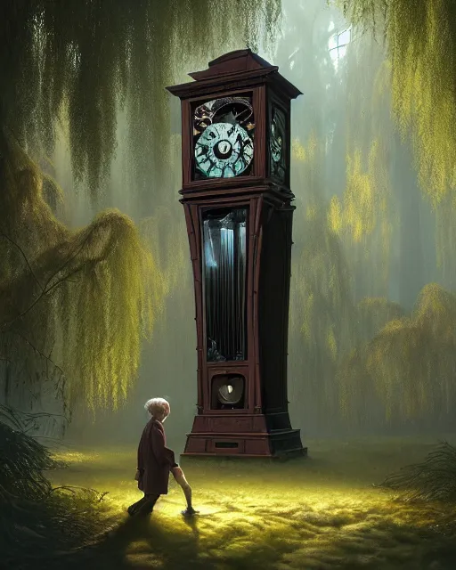 Image similar to highly detailed surreal vfx portrait of a cursed grandfather clock in a shadowy forest by a willow tree, stephen bliss, unreal engine, greg rutkowski, loish, rhads, beeple, makoto shinkai and lois van baarle, ilya kuvshinov, rossdraws, tom bagshaw, alphonse mucha, global illumination, detailed and intricate environment