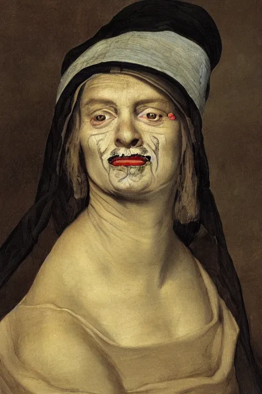 Image similar to hyperrealism extreme close-up portrait of medieval female with with leprosy, with mustache, pale skin, wearing cylinder hat, in style of Francisco Goya