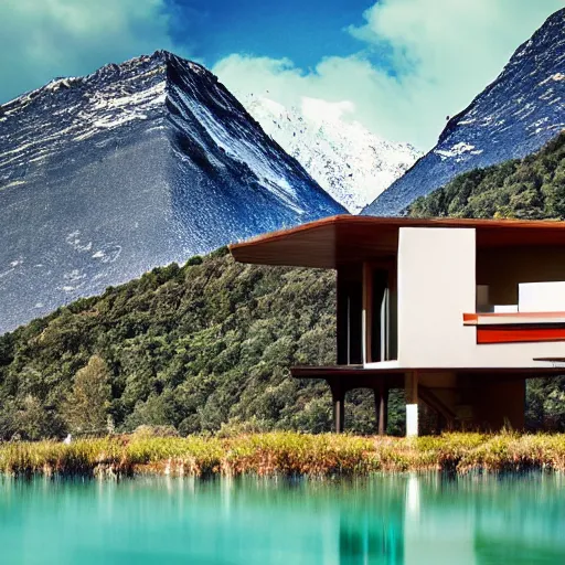 Image similar to wes anderson style modern futuristic house near the lake, snowy mountains and green forest, cinematic, realism, photo, detailed