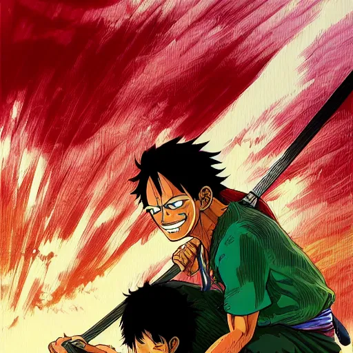 Prompt: Thomas Jane, an illustration of Monkey D. Luffy and Roronoa Zoro in Wano, art by Ilya Kuvshinov, highly detailed, anime key visiual, epic landscape, HD digital art, artstation