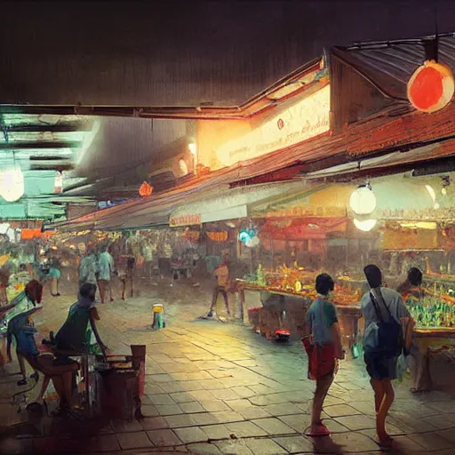 Image similar to a singaporean hawker centre at night, by greg rutkowski, digital art, award - winning