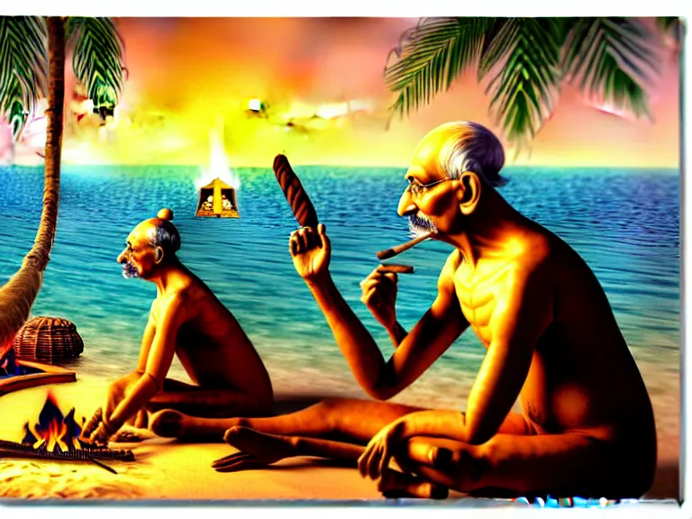 Prompt: side view of gandhi holding a cigar, sitting on a beach, next to a campfire, with palm trees and different types of beach animals parrot turtle lizard crab coconuts in the back, glorious lighting, epic environment, highly detailed, digital art, hyper realistic