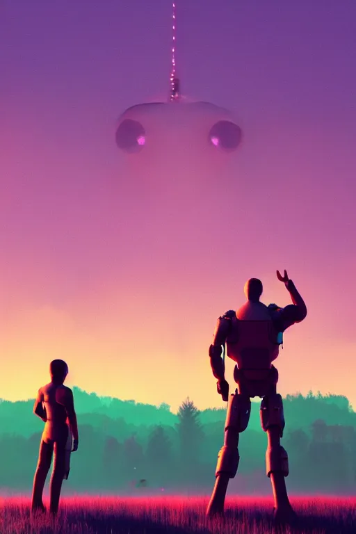 Prompt: Humans waving, cyborg in the far distance, ultra hd, Painting By Simon Stalenhag, unreal 5, DAZ, sunset, hyperrealistic, octane render, dynamic lighting, intricate detail, summer vibrancy, cinematic