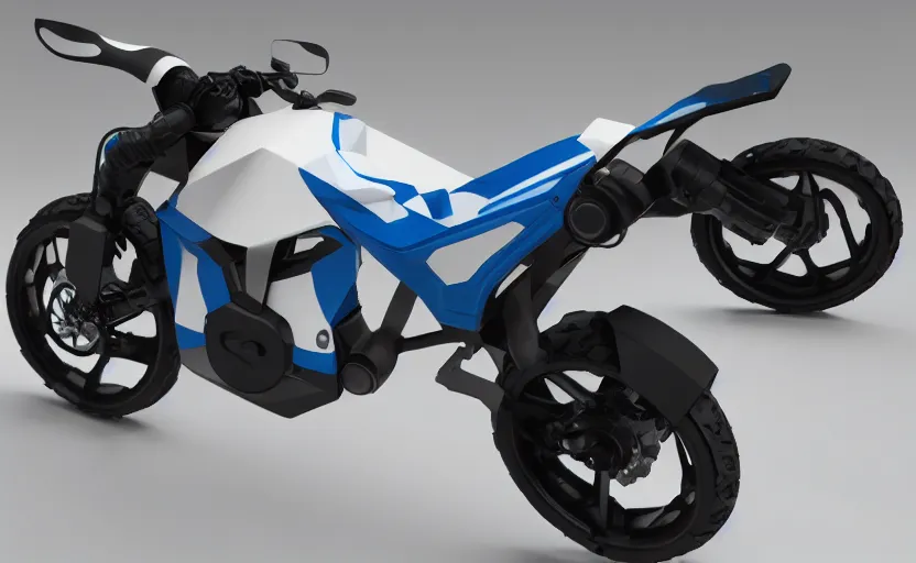 Prompt: futuristic dakar motorbike, symmetrical mechanical features, off - road, designed by professional, fog and dirt, industrial design, brushed white and blue paint, black wheel rims, hard surfaces modelling, dramatic lighting, hyper realistic rendering, octane, depth of field, bokeh effect, 1 5 0 mm, 4 k