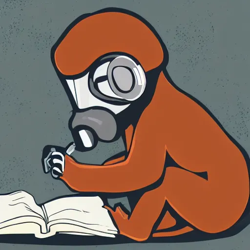 Prompt: a single Monkey reading a book, wearing a gas mask, graffiti, edge to edge, solid color background intricate, highly detailed, smooth, sharp focus, detailed face and body, high contrast